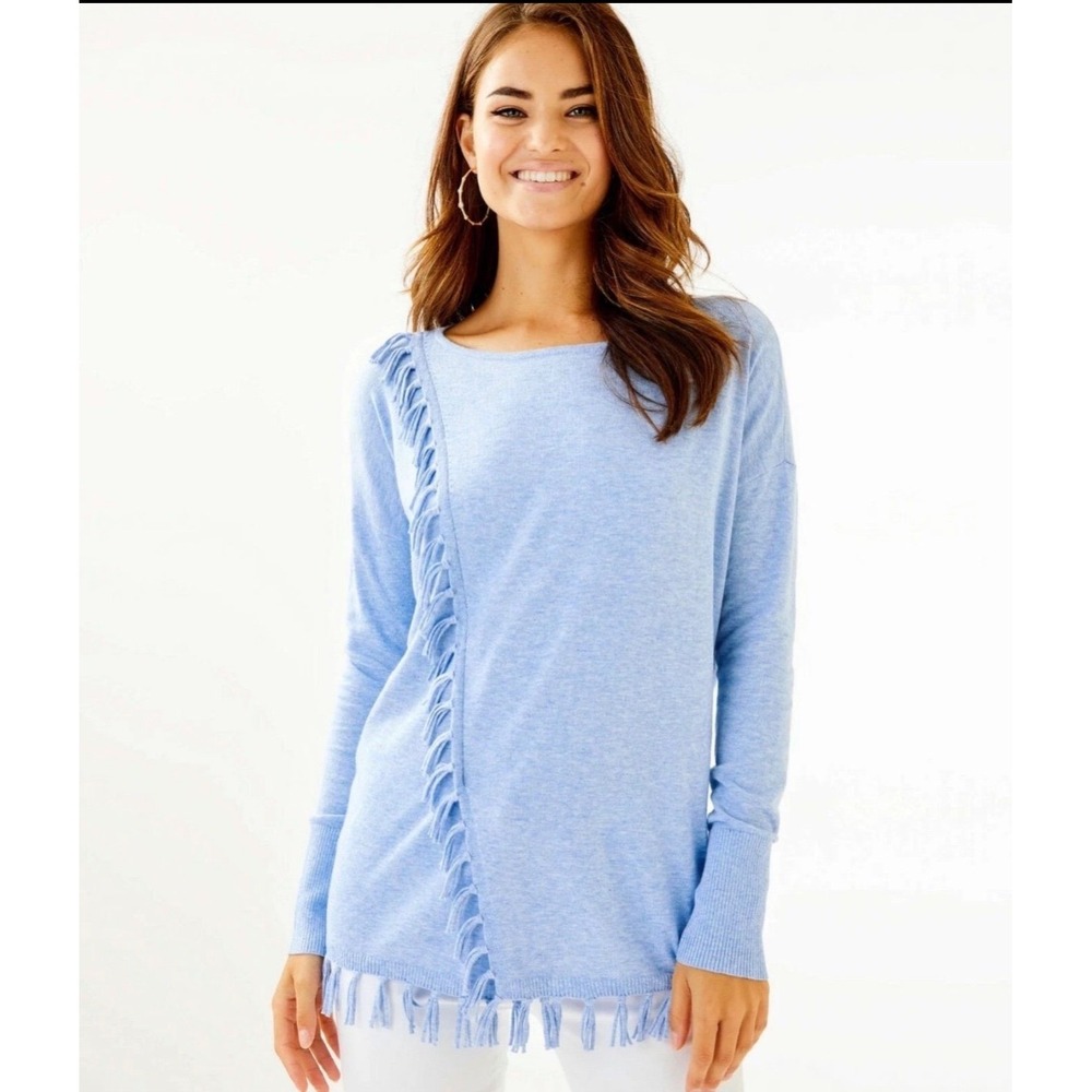 Lilly Pulitzer Emberly SweaLight Blue Fringe Coolmax Sweater Pullover Medium